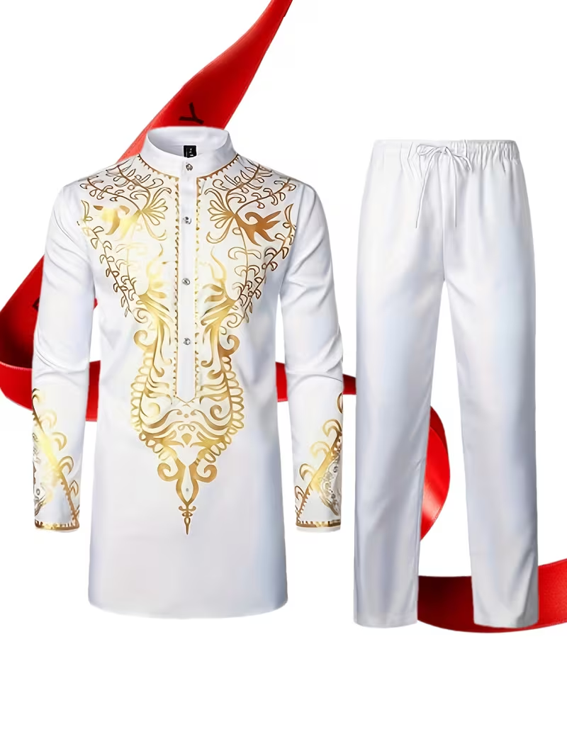 Men'S Suit - African Men'S Suit with Golden Pattern Top and Pants 2pcs Set Sourced