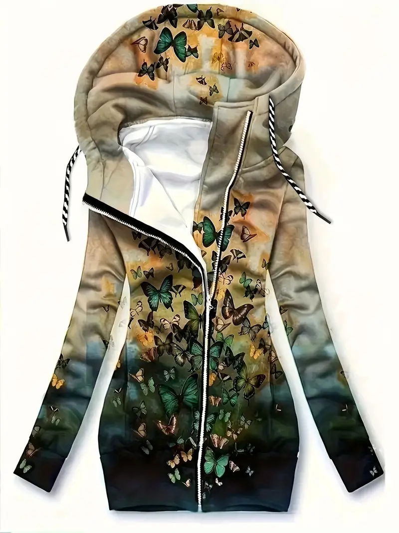 Elegant Butterfly Print Women's Hooded Jacket | Long Sleeve, Zip-Up with Drawstring