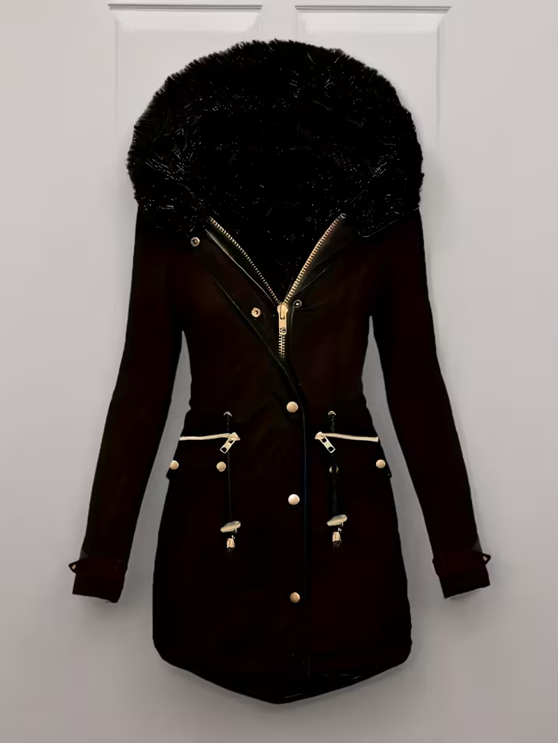 Plus Size, Winter Zippered Faux Trimmed Coat, Long Sleeves with Zippered Decorative Pockets, Drawstring Cuffs with Buttonholes