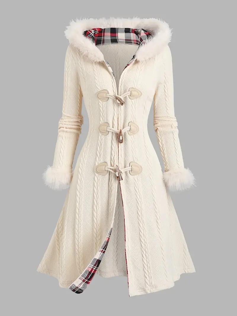 Plus-Size Women's Elegant Plaid Hooded Coat with Faux Fur Cuffs & Horn Buttons - Y2K Cable Winter Jacket, Machine Washable Long Outerwear for Fall/Winter, Elegant Button Closure
