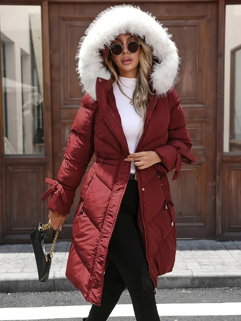 [Winter Hooded Coat] Plus Size Women's Warm Burgundy Hooded Winter Coat - Thick Long Jacket with Full-Length Zipper