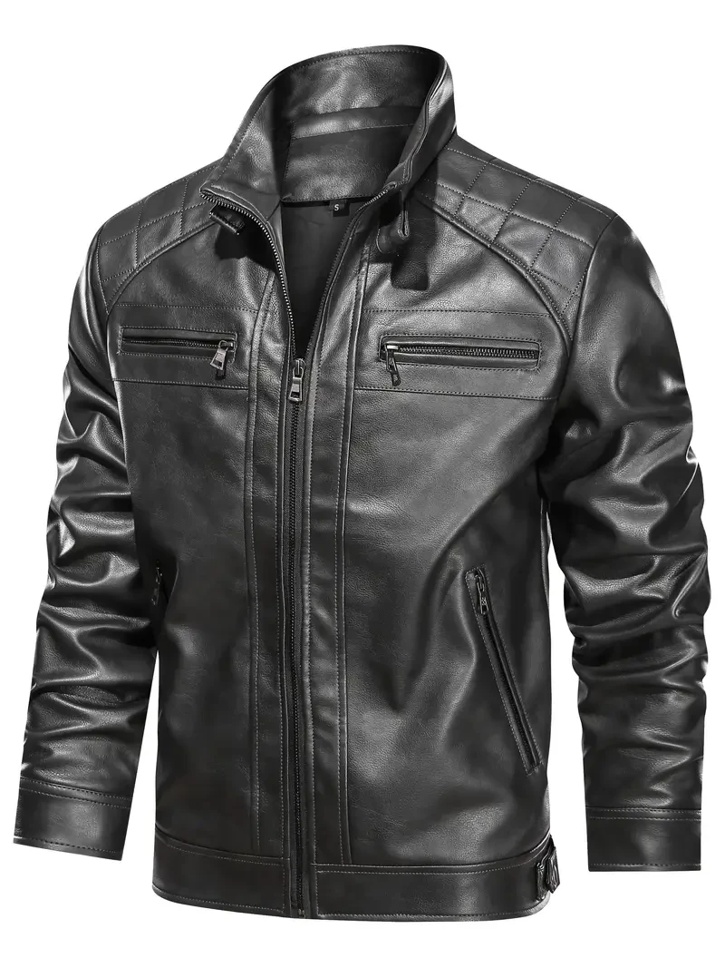 Men'S Vintage Faux Leather Jacket - Full-Zip Motorcycle Coat with Full-Zip Closure, Lapel Collar & Chest Zipper Pockets - BrownBrownish- - Heavy-Duty Softshell