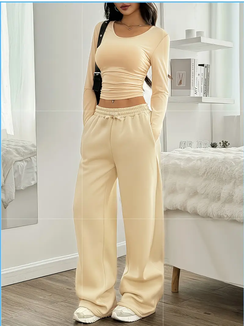 Teen Girls' Spring/Autumn Round Neck Slim Fit Long Sleeve Solid Color Top + Beige Elastic Waist Loose Pants Two-Piece Set, Perfect for Outdoor, for Teenager