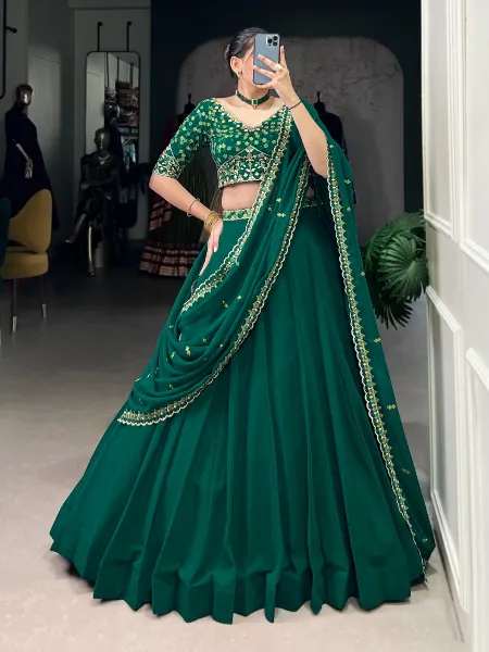 Classy green embroidered thread work georgette with dupatta