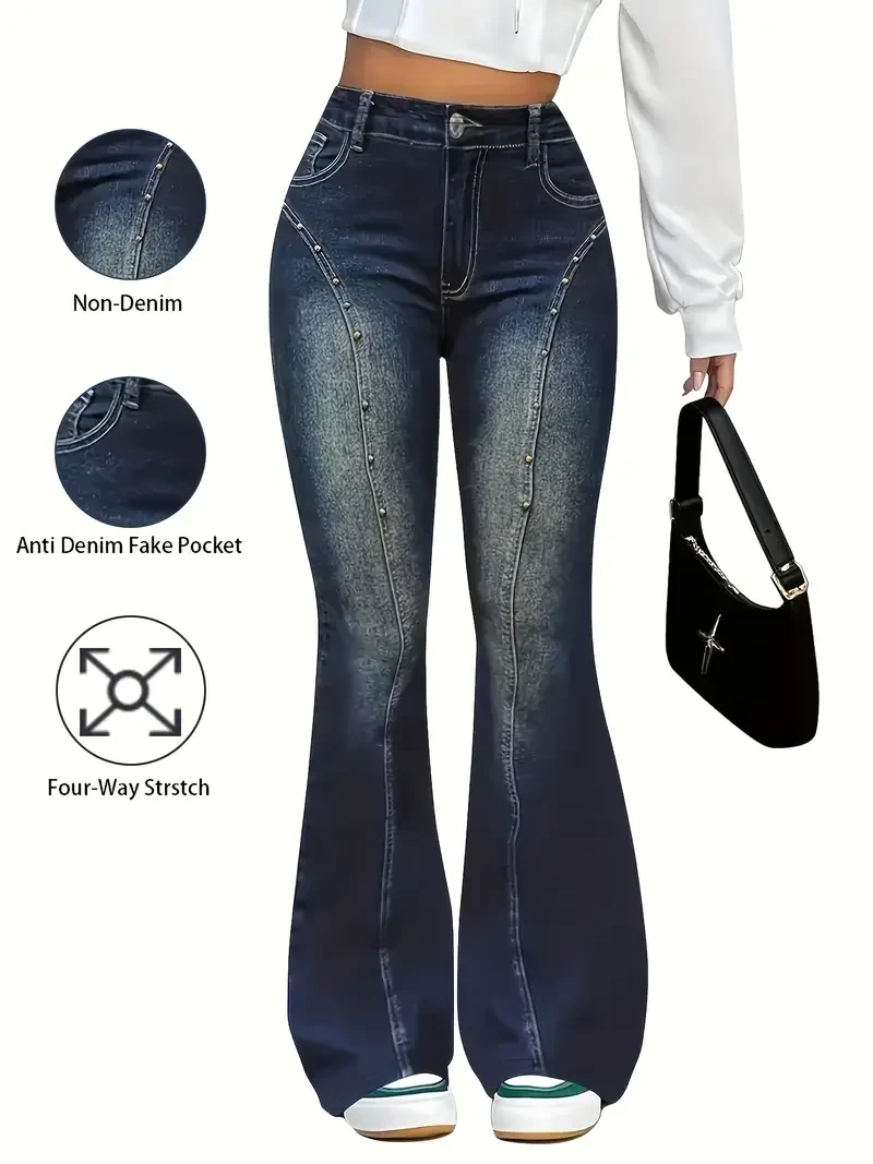 Plus Size, [Denim Print/Imitation Denim] Women's High-Waisted Full-Print Imitation Denim Flared Pants - Stretchy Tummy Control Leg-Lengthening Bell Bottoms with Faux Pockets