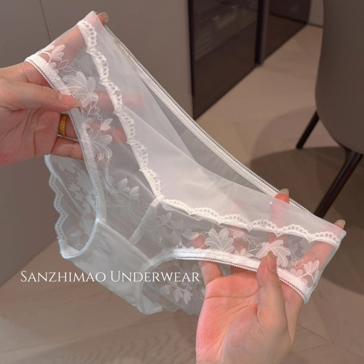 2025 New French Lace Pure Desire Solid Color Satin Hollow Low Waist Briefs for Women Breathable Cotton Crotch Silk Satin