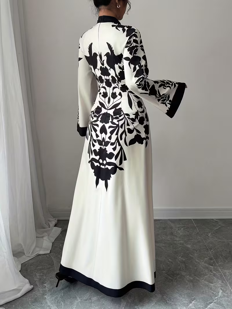 Fashionable And Elegant New Autumn-Winter Long Floral Print Dress with Long Sleeves in a Two-Piece Style.