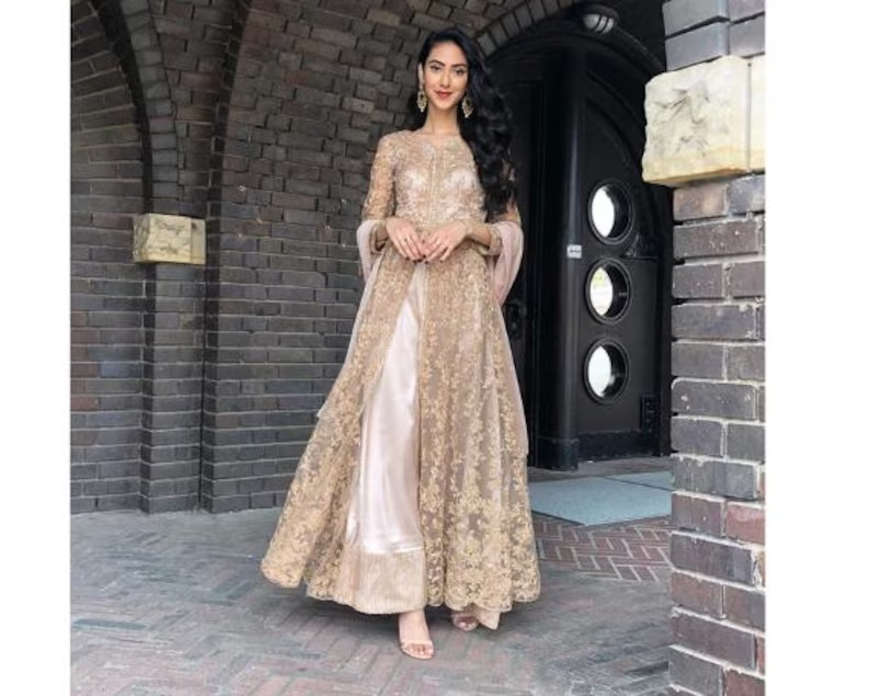 Gold Anarkali Suit Embroidered Satin Silk Outfit