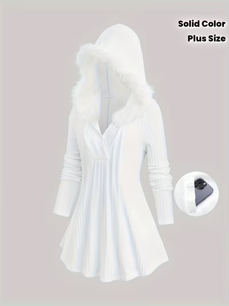 Plus Size - Plus Size Solid Color Surplice Ribbed Textured Fleece Trim Hooded Top