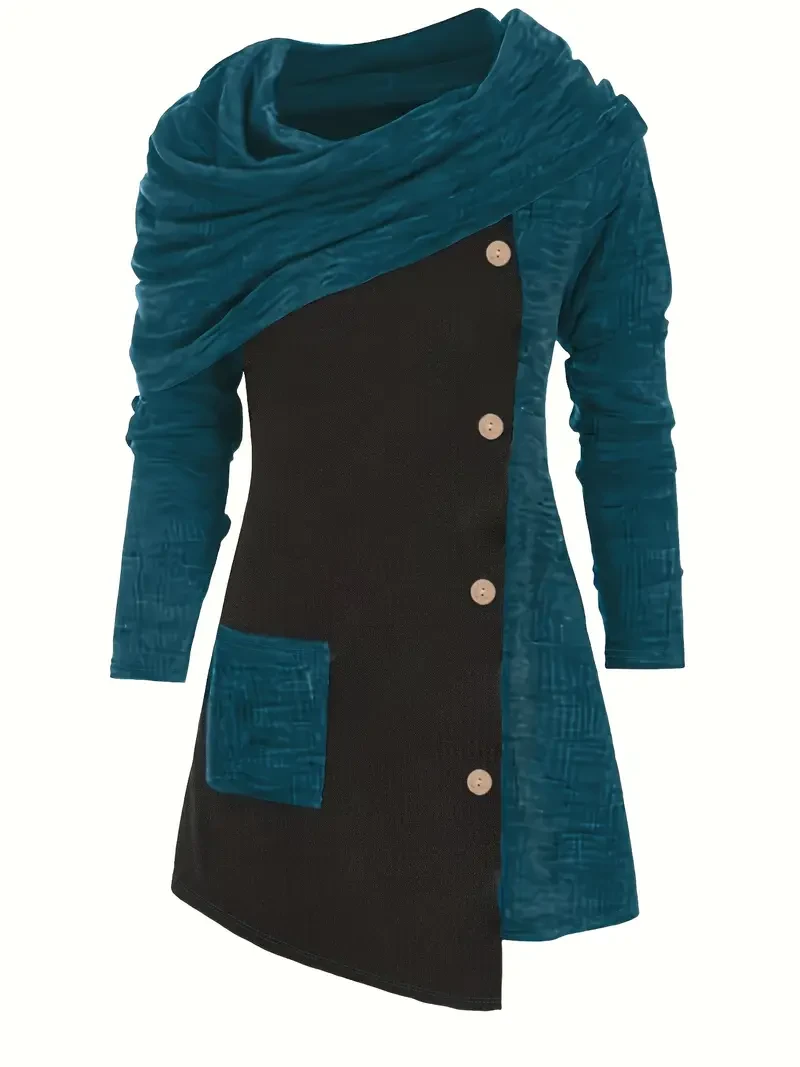 Plus Size Vibrant Color Block Chic Top - Long Sleeve, Pocket, Cowl Neck, Button Decor, Soft and Breathable Fabric,