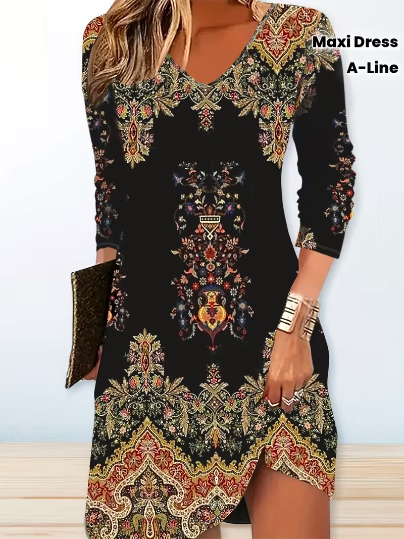 Women's Boho Indian Dress - Long Sleeve Maxi Dress with Paisley & Mandala Print - Winter Warm Ethnic A-Line Dress for Parties, Weddings, Festivals - Machine Washable Indian Saree-Inspired Outfit