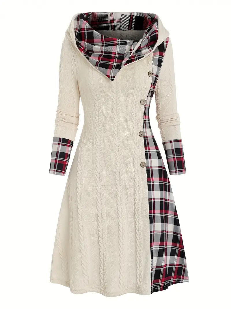 [Elegant Plaid Dress] Elegant Plaid Women's Hooded Dress | High-Waisted Long Sleeve A-Line with Faux Buttons,