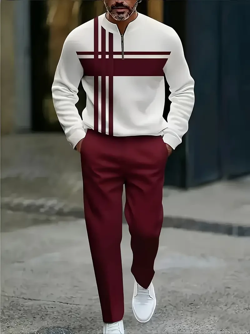 2025 Autumn New Classic Wine Red Cross Stripes Drawing Men'S Casual Sports Suit,
