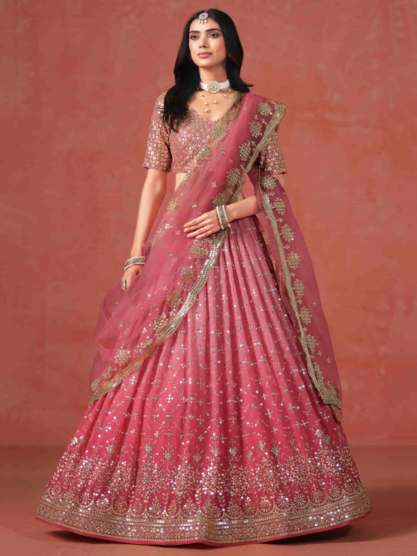 Peach georgette embroidered zari lehenga choli with dupatta