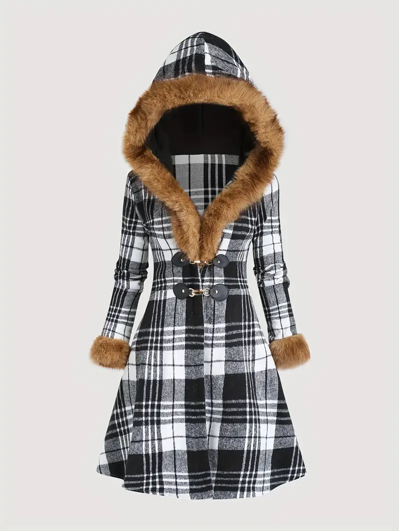 Vintage Two-Tone Plaid Hooded Jacket for Women with Collar, Waist-Cinching Mid-Length Coat Featuring Gothic Dark Checkered Design and Metal Button Closure, Winter Jackets And Coats For Women