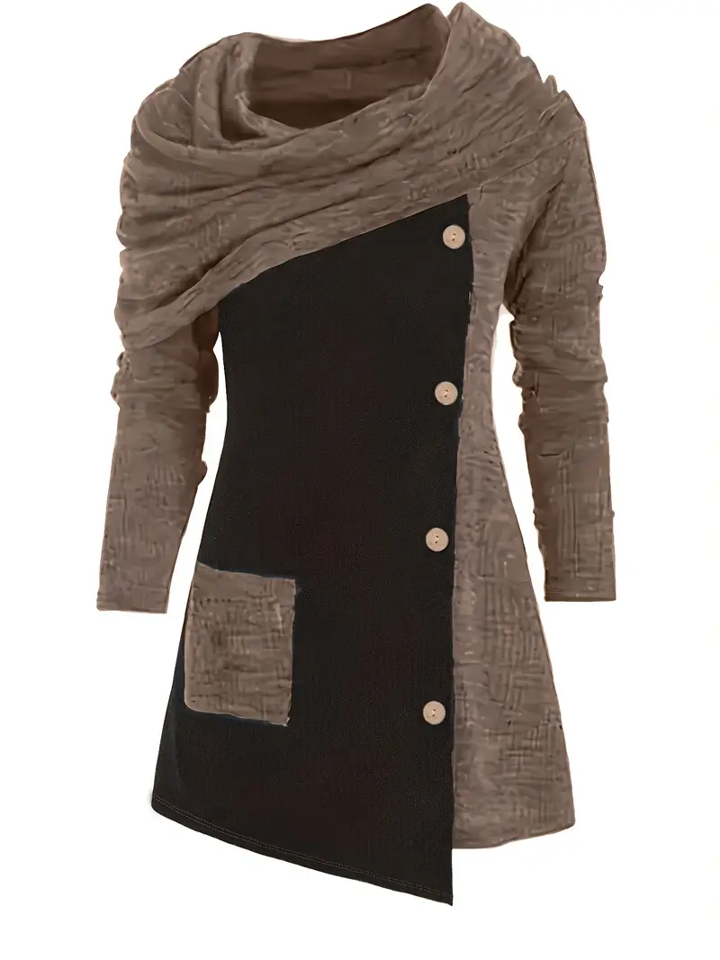 Plus Size Vibrant Color Block Chic Top - Long Sleeve, Pocket, Cowl Neck, Button Decor,