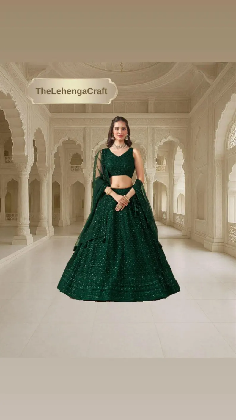 Green Ready To Wear Lehenga Choli For Women Wear, Sequins Embroidery