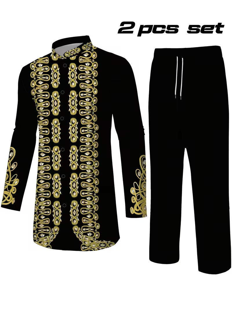 Set of Two Men'S Long-Sleeve Shirts And Long Pants, Casual Outfit Inspired by Traditional African Attire for Outdoor And Home Relaxation.