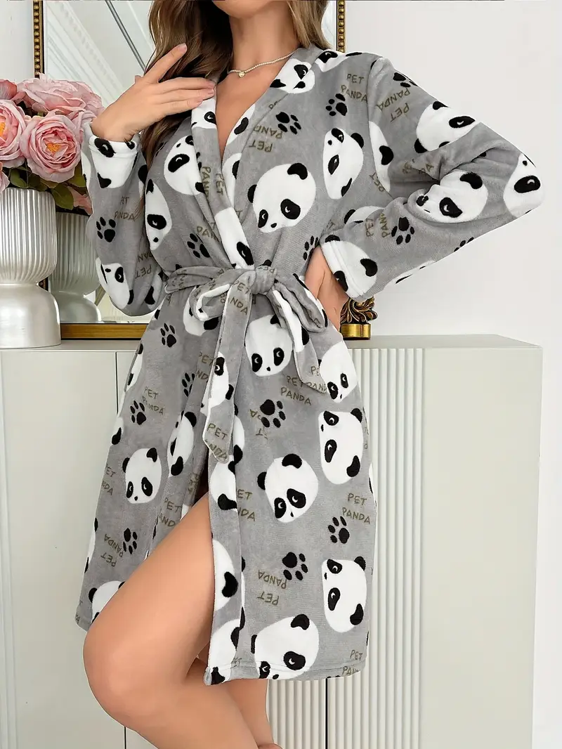 Women'S Flannel Panda Bathrobe, New Autumn And Winter Style, Mid-Length Warm And Thick Loungewear with a Tie, Cozy Home Wear For Adults, V-neck Design, Long Sleeve, Casual Style, Perfect For Fall/wint