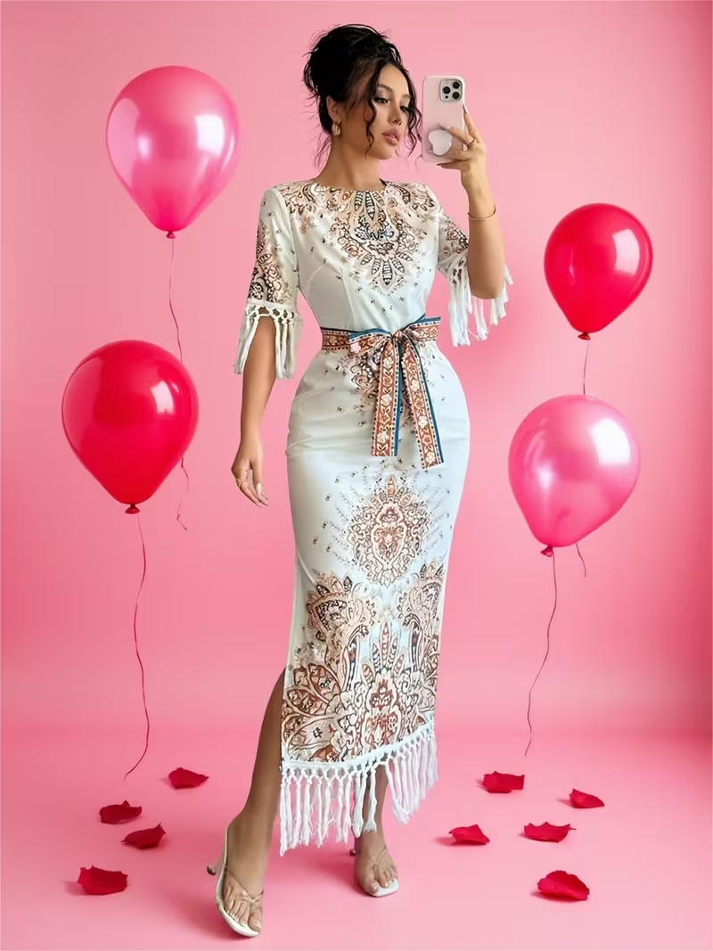 Women'S Elegant Paisley Print Dress - Formal Party, Wedding, Gala Evening Gown with Adjustable Waist Tie,