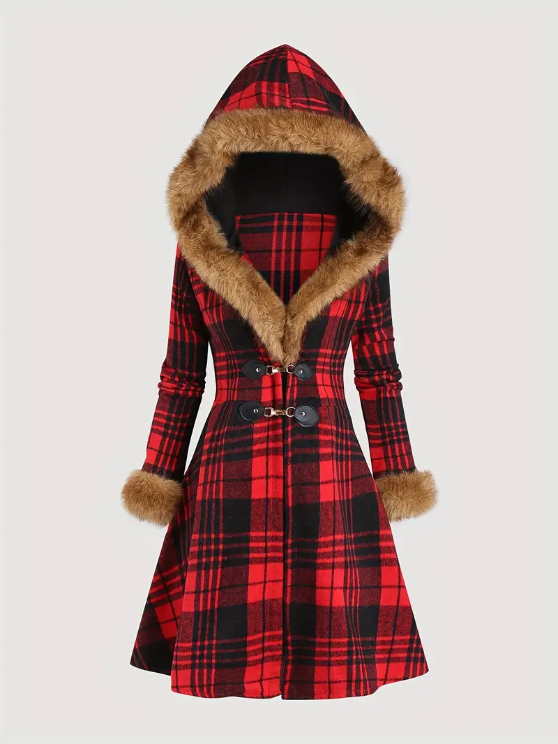 Vintage Two-Tone Plaid Hooded Jacket for Women with Collar, Waist-Cinching Mid-Length Coat Featuring Gothic Dark Checkered Design and Metal Button Closure, Winter Jackets And Coats For Women
