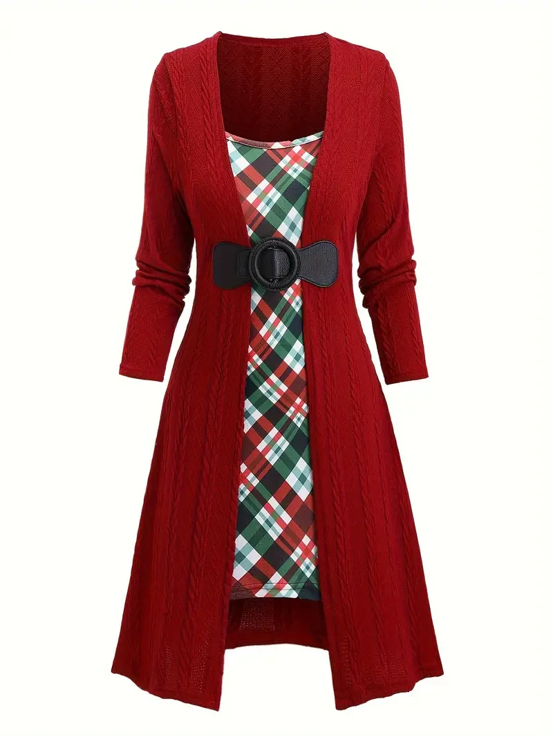 Plaid Sweater Dress] Elegant Plaid Plus Size Women's Sweater Dress | Stretchy Long Sleeve Fall Winter Machine Washable | Casual to Semi-Formal Dress,