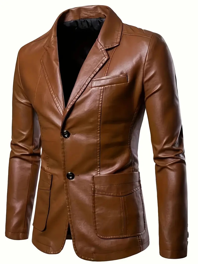 tylish Leather Jacket] Stylish Black PU Leather Men's Jacket - Sleek Button-Up Blazer with Lapel Collar