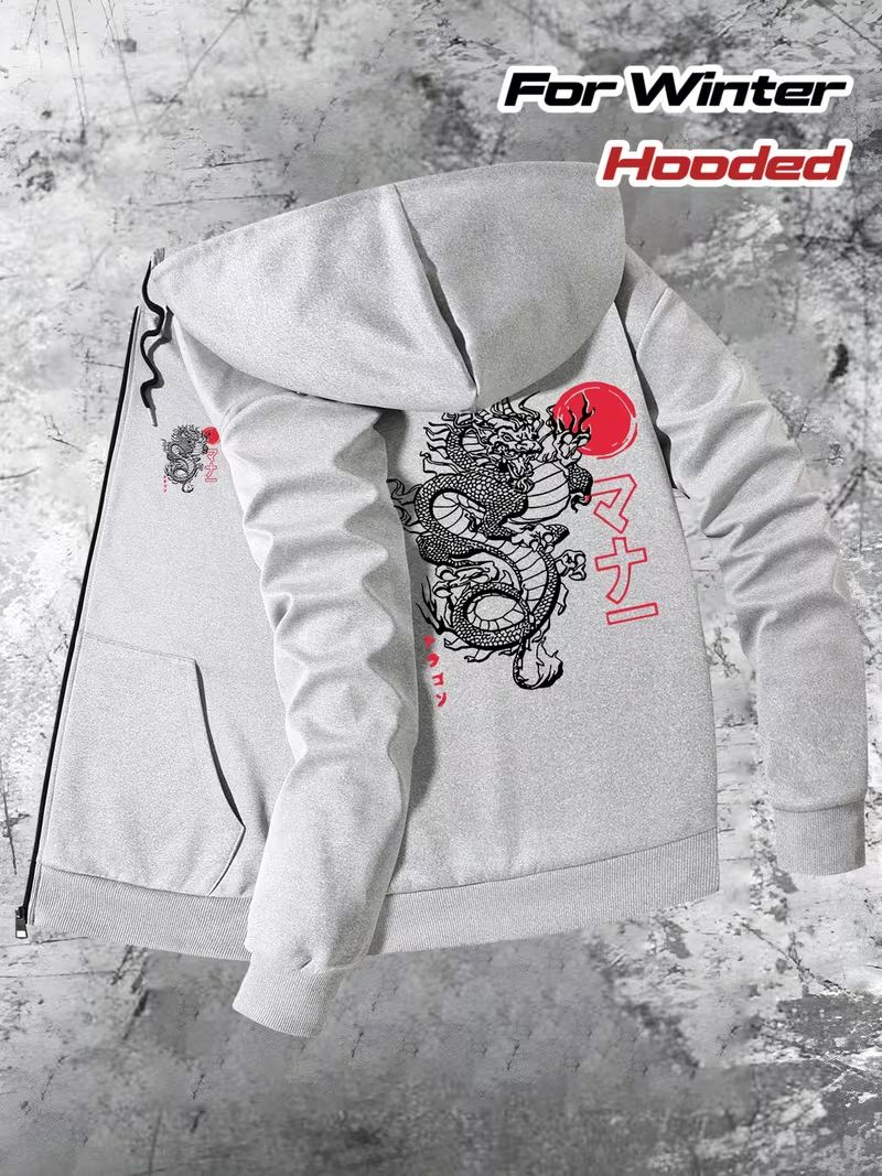 Men's Dragon Print Hooded Jacket - Slim-Fit Winter Coat with White/Red Asian Motifs, Korean/Chinese Style Zipper Closure, Machine Washable Outerwear (No) for Martial Arts Events & Casual Wear