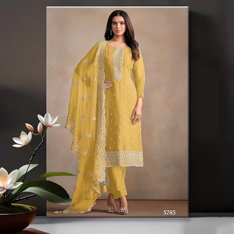 Indian Ethnic Woman Portrait Canvas Painting - Elegant Indian Attire in Mustard-Yellow & Golden, 16x24 Inch (40x60cm) Large Wall Art Poster for Home, Office, Cafe - Ready-to-hang Indian Decor Gift, In