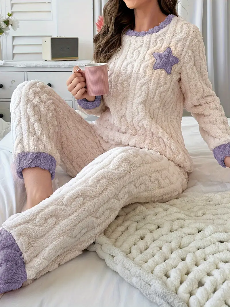 Women's Star Pattern Jacquard Fleece Thick Casual Pajama Set, Long Sleeve Round Neck Top & Pants,