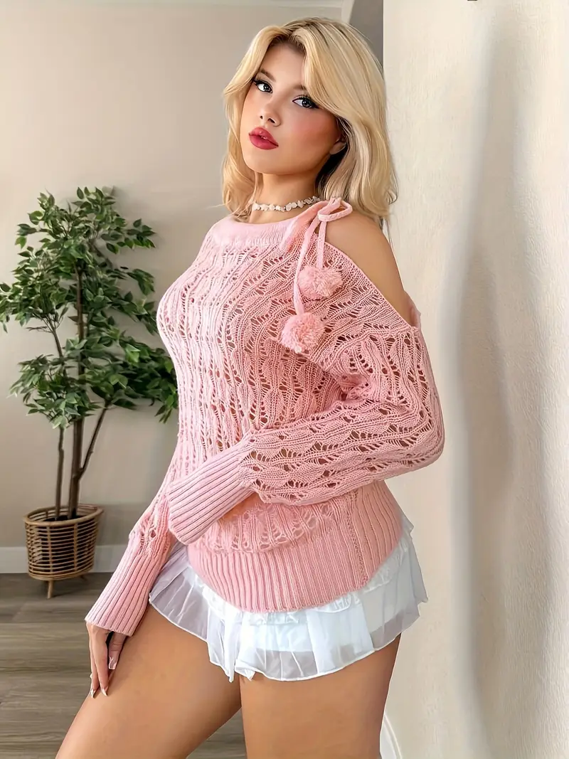 Plus Size - Women'S Elegant Off-Shoulder Sweater Top - Soft Pink Sweater with Ruffled Hem & Lace-like Texture,