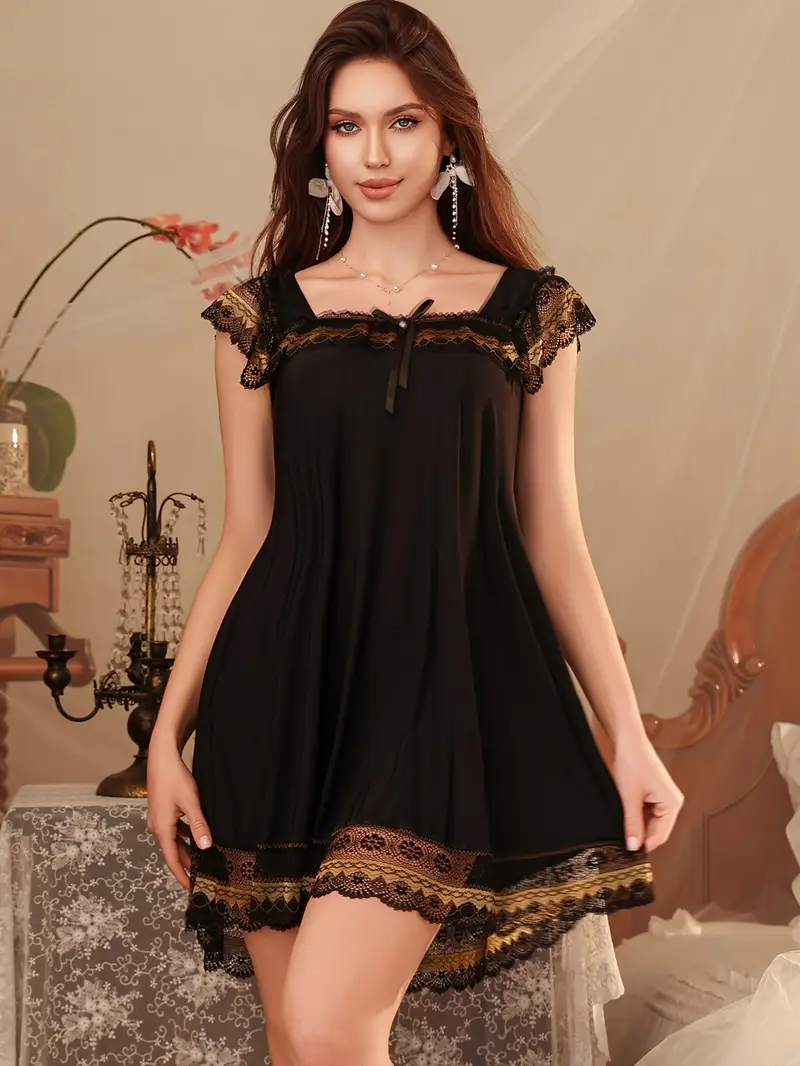 Elegant Off-Shoulder Black Nightgown with Golden Lace Trim & Bow Detail - Sleeveless Mini Dress for Women,