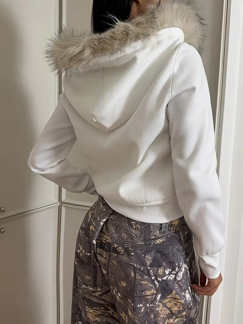 Women's White Hooded Zip-Up Jacket with Coat Collar - Full-Zip Closure Hoodie, Machine Washable All-Season Outerwear Uniforms