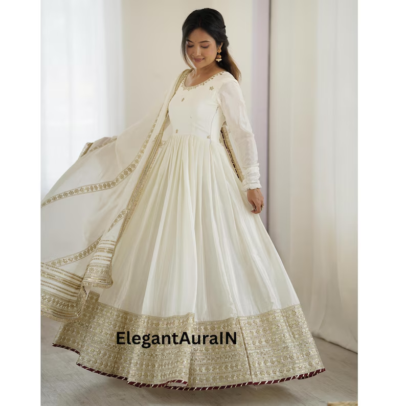 White Chinon Silk Anarkali Dress Gown with Dupatta