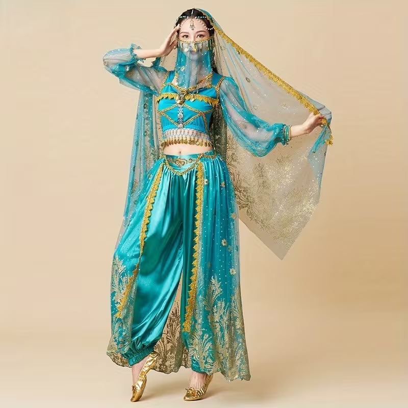 Women's Complete Indian Dance Costume Set with Turquoise Blue & Golden Saree Dress, -Like Headpiece