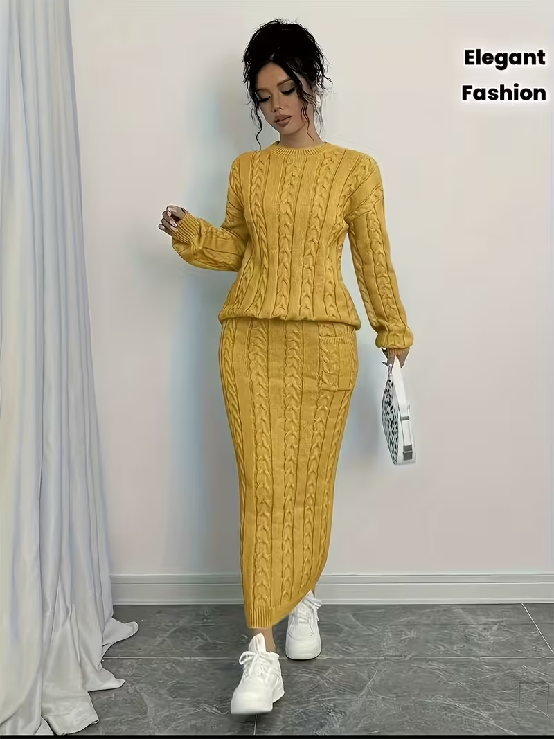 piece Set of V-neck Sweater and Body-hugging Skirt with Floral Prints | Bohemian Style, Soft Skin-friendly, Machine Washable, Ideal for Autumn and Winter, Perfect Gift for Ladies