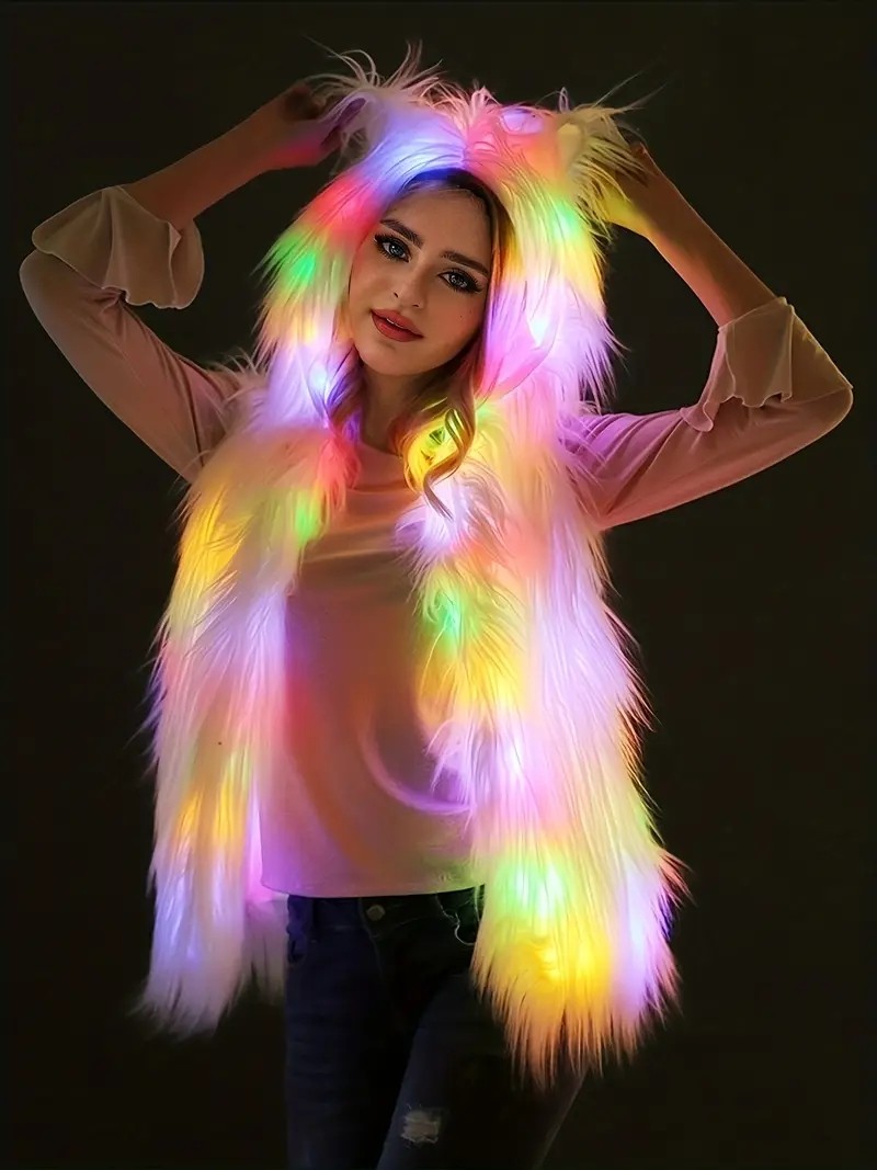 Fashionable, fresh, sweet, comfortable multi-functional LED light hooded vest long-pile coat