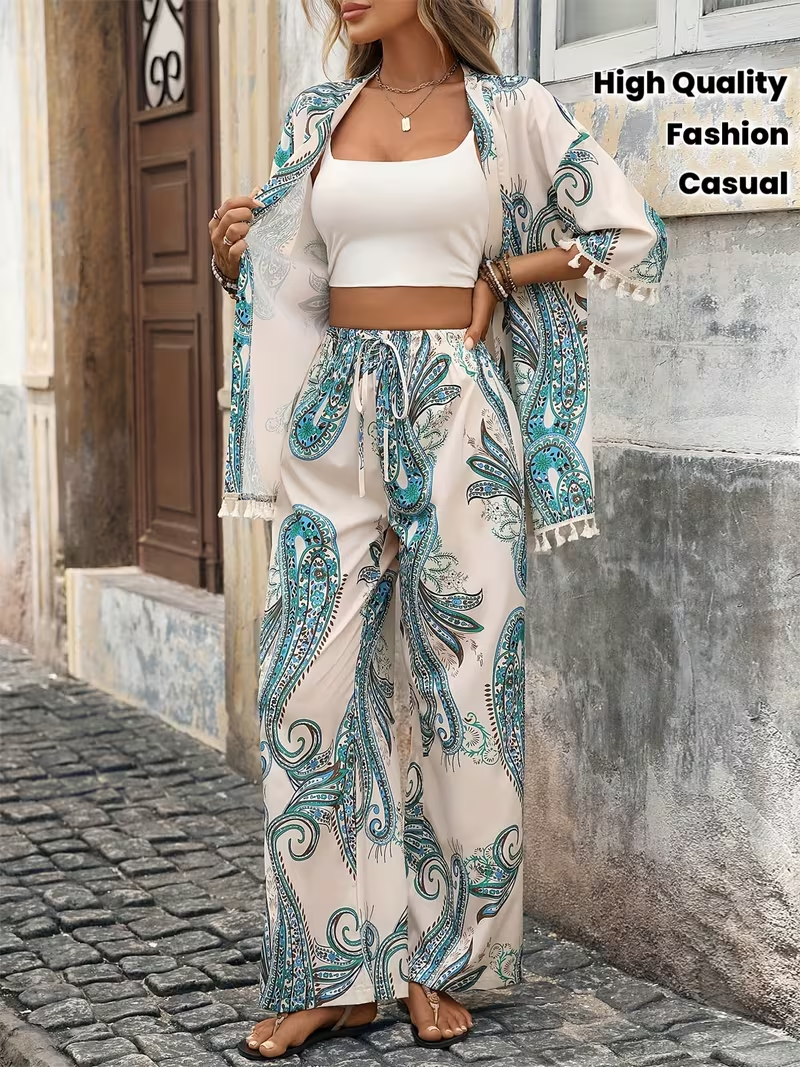 2pcs Set for Women Featuring a Vacation-Style Paisley Print Kimono Top with 3/4 Sleeves And Pants, Embodying Bohemian Exotic Fashion, High-Quality Women'S Casual Wear.