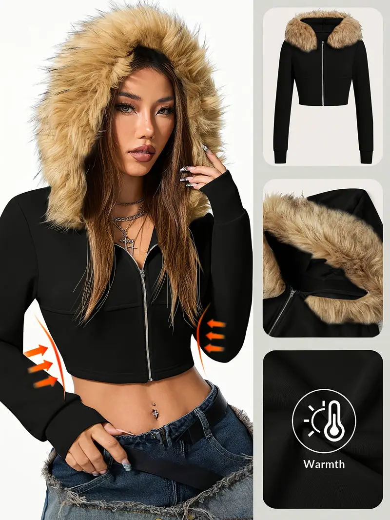 Women's Hooded Zip-Up Jacket with Detachable Faux Fur Collar, Lightweight Outerwear for Everyday & Formal Events