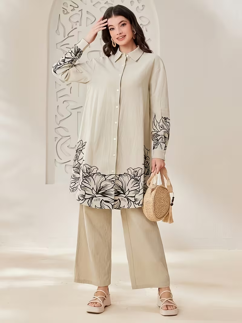 Floral Print - Elegant and Fashionable Women's Set - YT309 Long Sleeve Shirt and Pants for Spring, Summer, Autumn