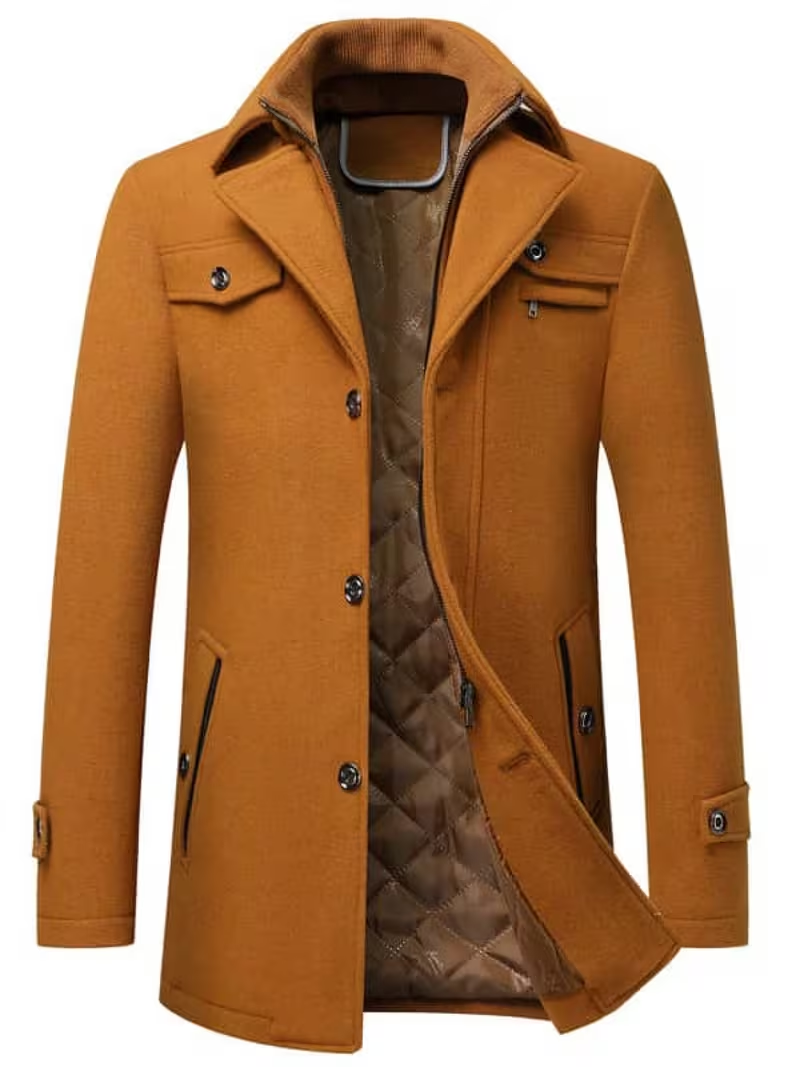 British Style Single Breasted Camel Tweed Coat | Fall Winter for Men, Heavyweight Thermal, Slim Fit, Chic Mid-Length, Regular Sleeve, Fabric, SCACTO Brand