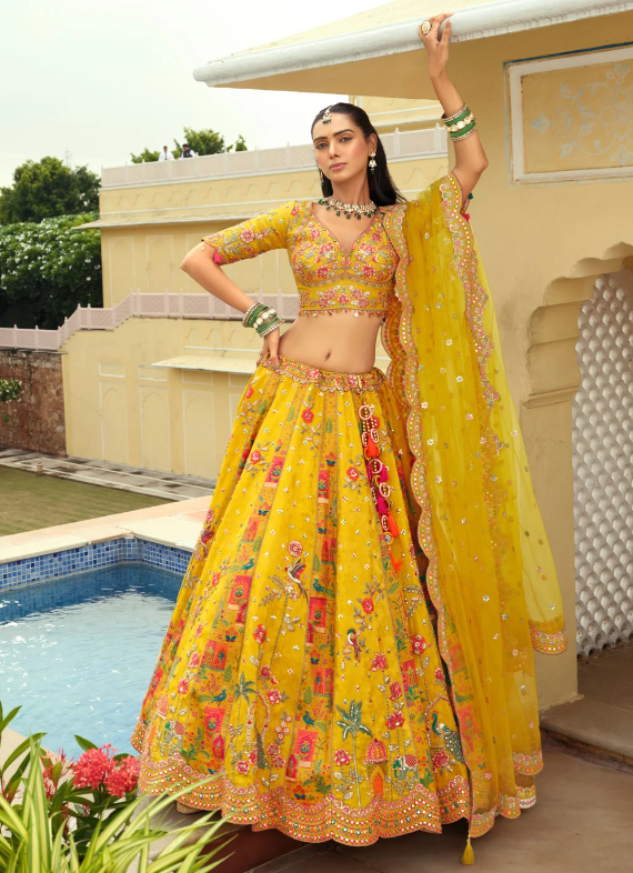 Yellow dola silk sequins zari embroidered lehenga choli