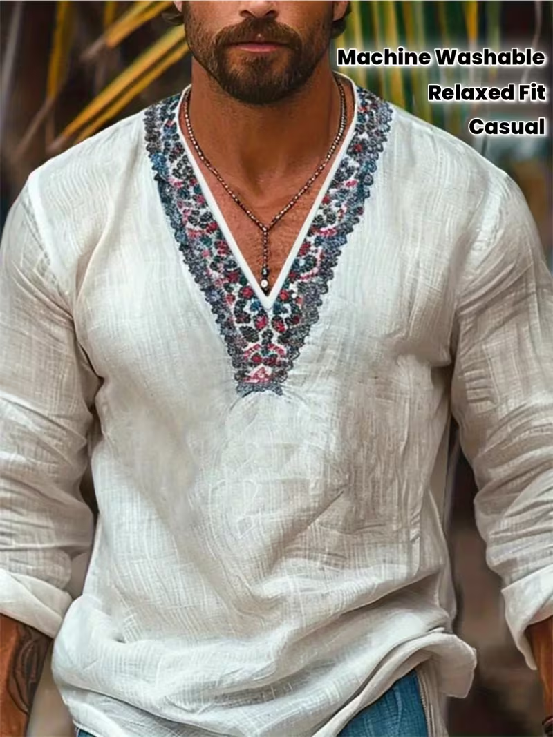 Men's Large V-Neck Bamboo Fabric Shirt - White with Blue/Red/Black/Beige Print, Long Sleeve Tunic Top for Casual & Formal Events, Machine Washable