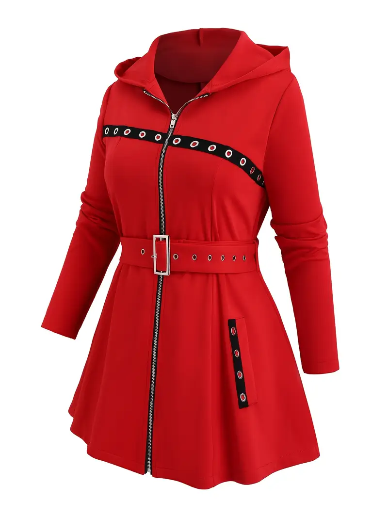 Plus Size Women's Winter Hooded Zip-Up Coat - Belted Waist with Pockets