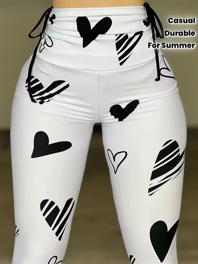Women'S High-Waisted Stretchy Leggings with Heart Print & Drawstring Waist - Casual Pants for Summer 2025, White