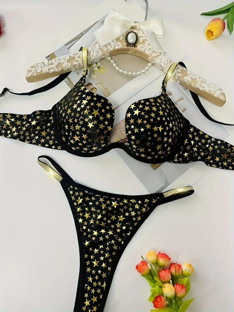 Golden Sequin Lingerie Set - Sexy Shiny One-Piece Bra & Panty Matching Outfit, Hand Washable Comfortable Underwear for Special Occasions, Parties, - Sparkling Golden Clothing