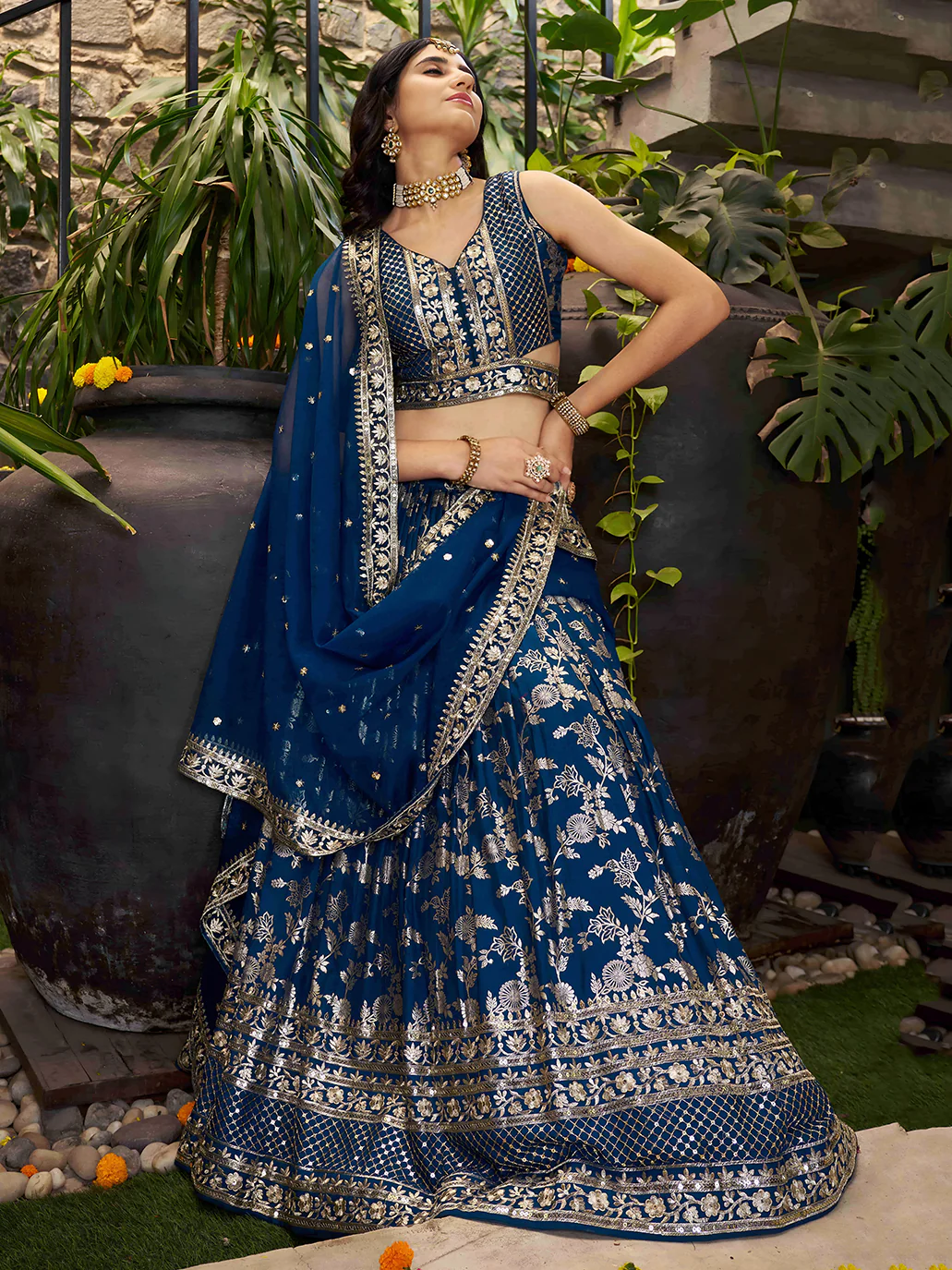 Dove blue dola silk sequins zari embroidered lehenga choli