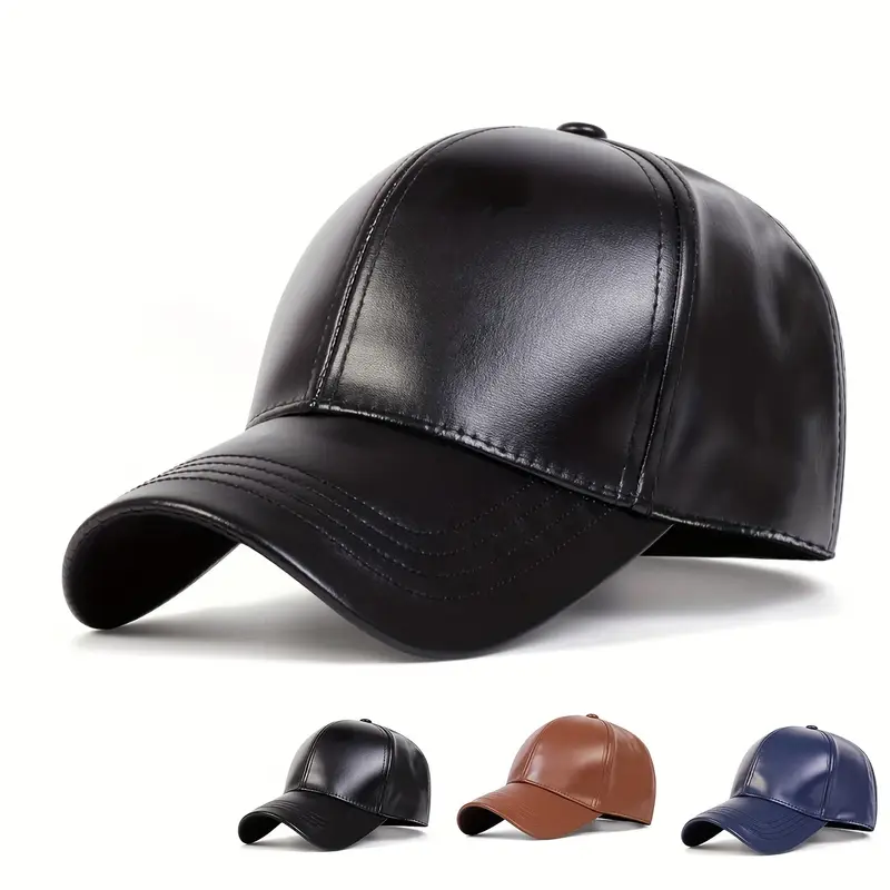 Men'S Faux Leather Baseball Cap - Adjustable Snapback, Warm