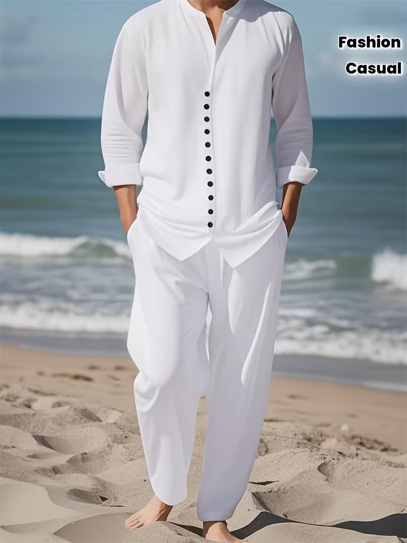 Men'S Fashion Print Set, Casual Pure White Textured Print Pattern, Perfect for Parties, Casual Gatherings, And Everyday Wear