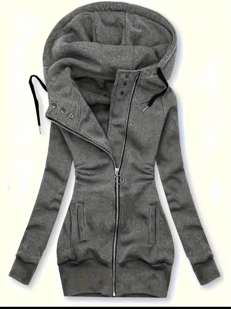 [Elegant Winter Coat] Women's Elegant Winter Coat - Full-Zip Long Jacket with Collar & Full-Zip Front Closure, Dark Grey/Black